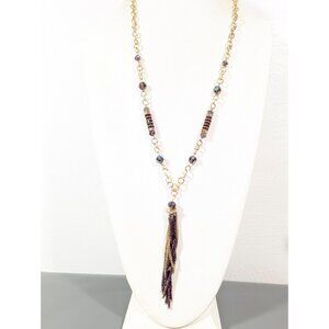 Cato PUrple Glass Bead Gold Tone Tassel Long Necklace 32 in